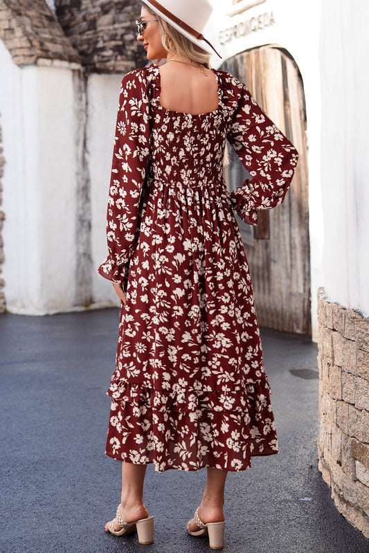 Red Floral Print Long Sleeve Square Neck Smocked Maxi Dress