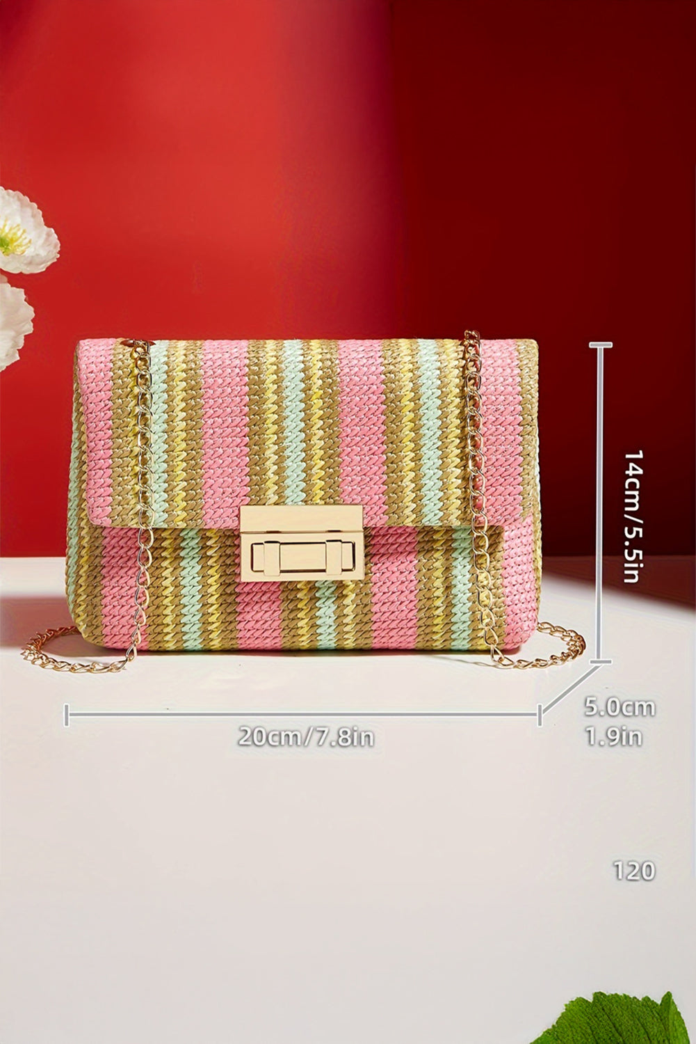 Pink Stripe Woven Flap Chain Strap Shoulder Bag