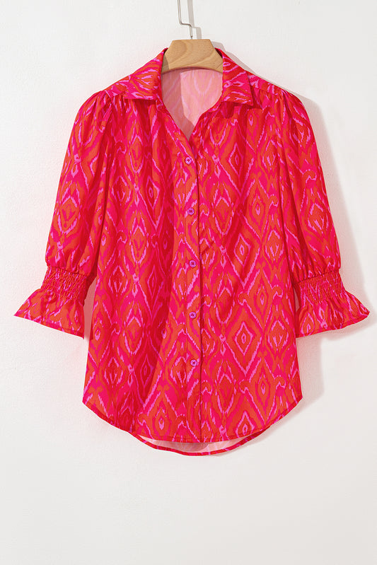 Strawberry Pink Western Aztec Geometric Ruffled 3/4 Sleeve Shirt