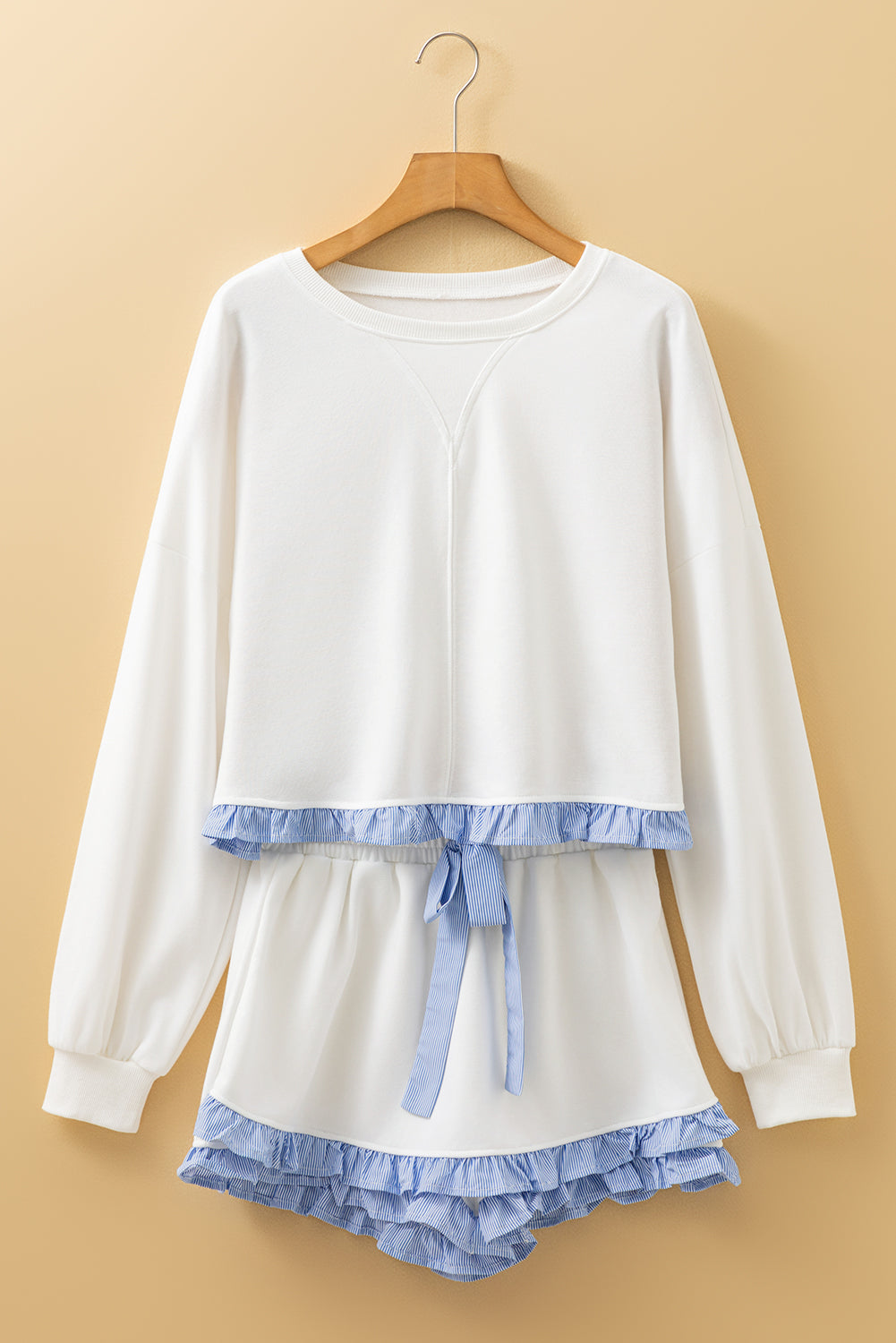 White Plaid Ruffled Patchwork Drop Shoulder Pullover and Drawstring Elastic Waist Shorts Matching Set