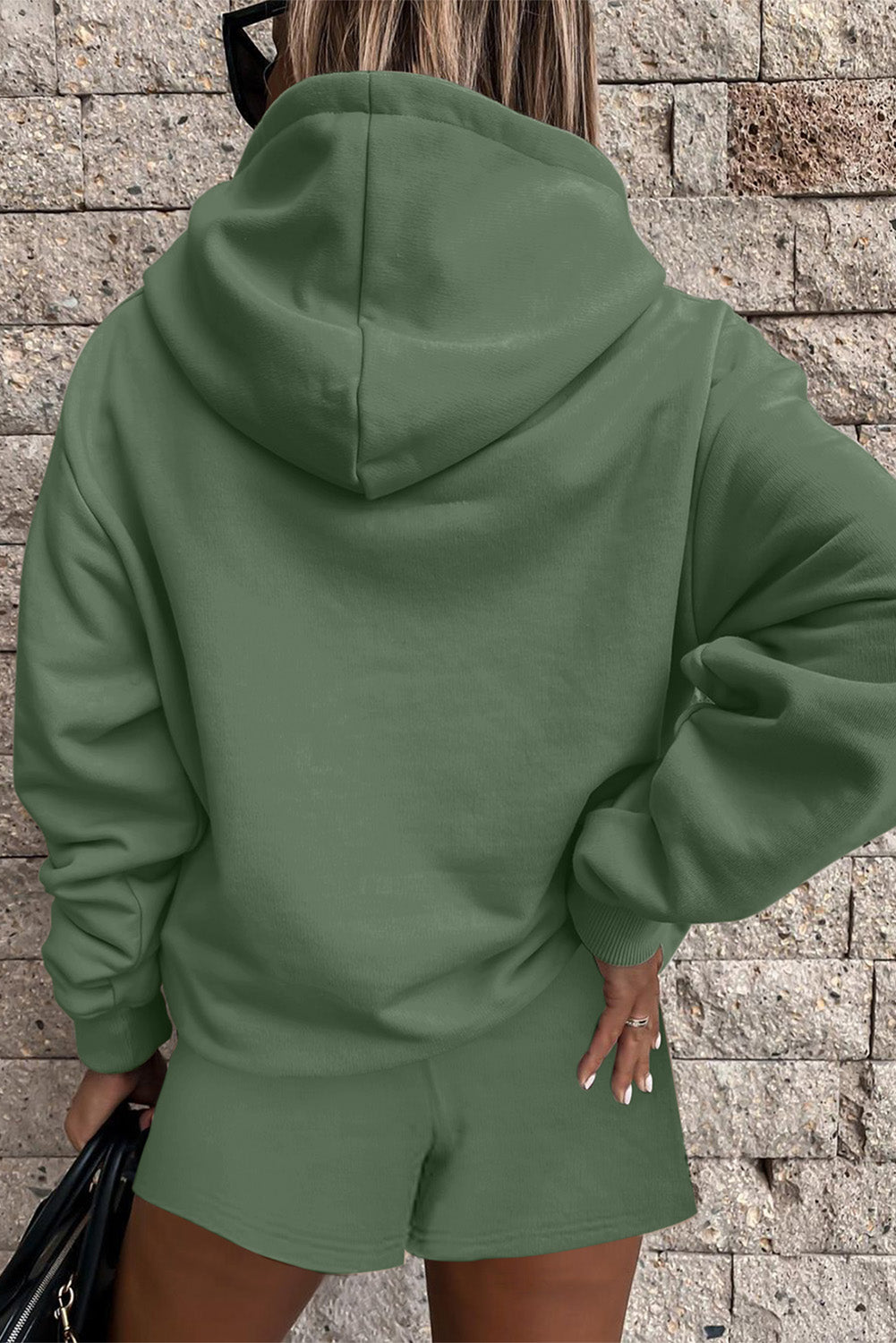 Mist Green Button Drawstring Hooded Pullover and Casual Short Set