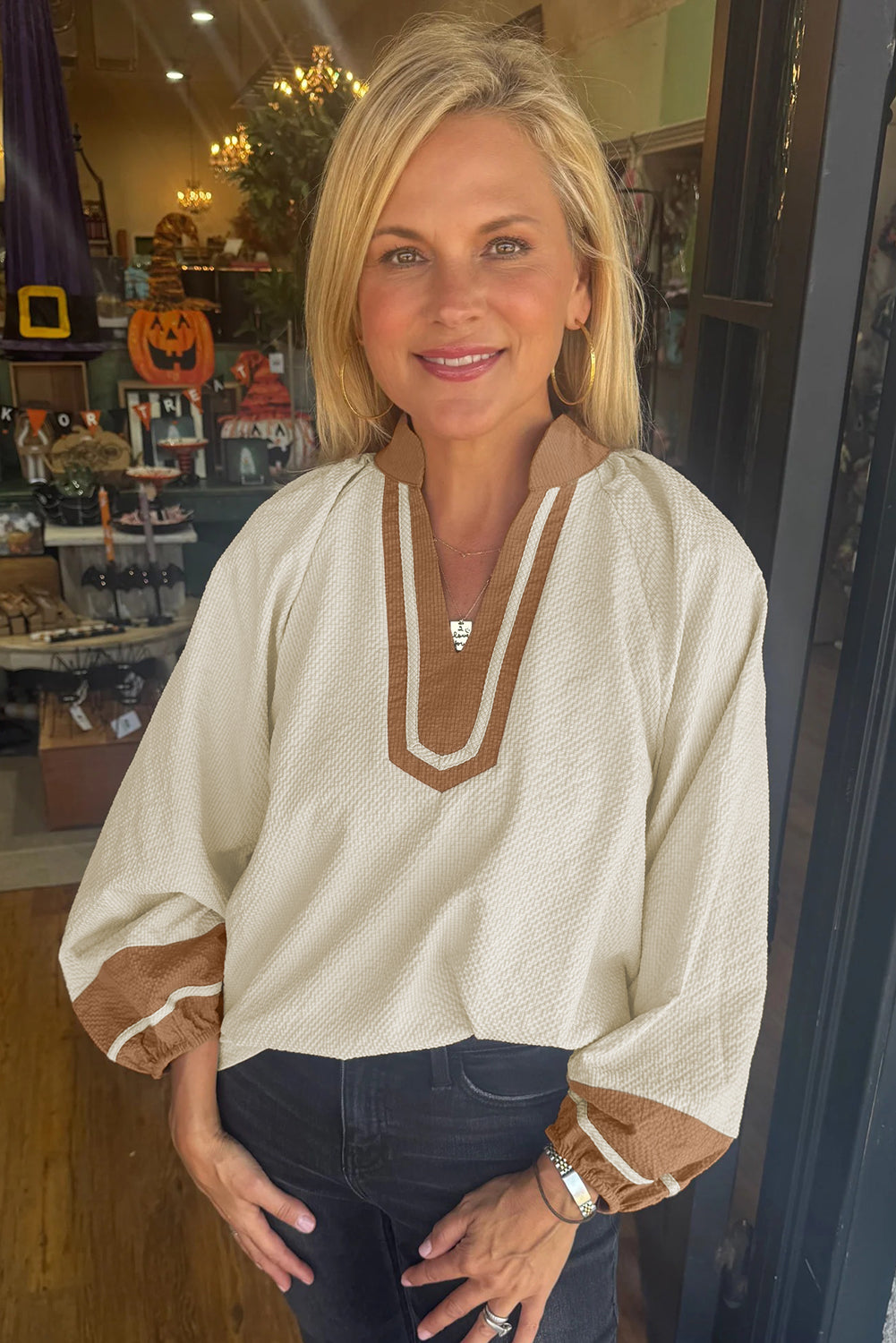 Jet Stream Color Block Patchwork Detail V Neck Textured Long Sleeve Blouse