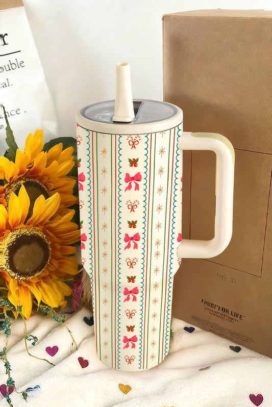 White Holly Jolly Bow Striped Print Flip Straw Tumbler