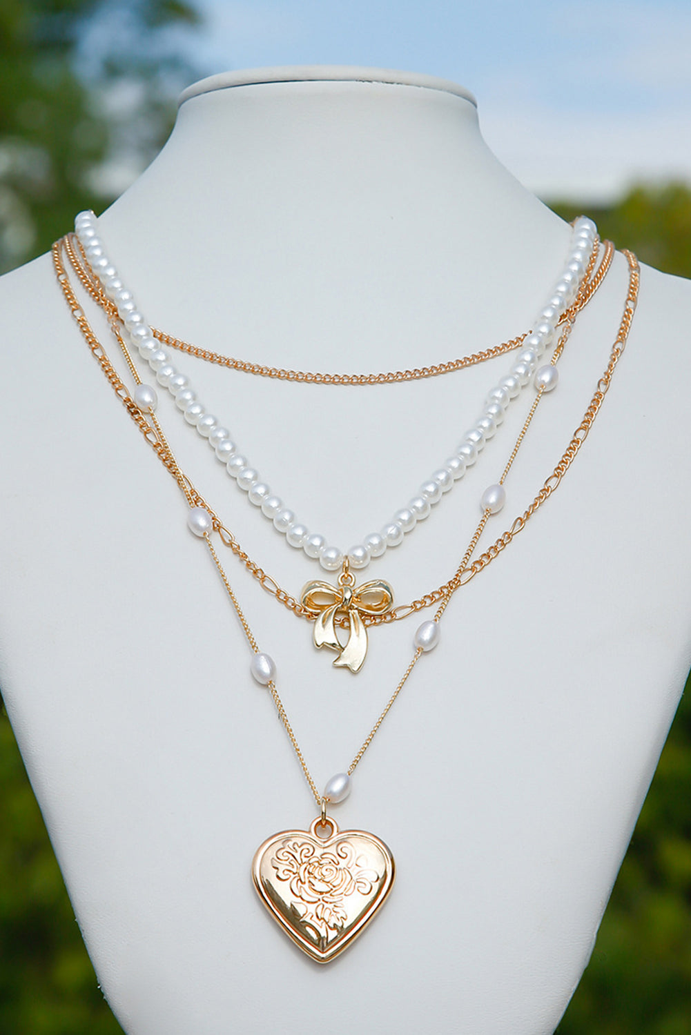 Gold Plated Bow Heart Pendant Pearl Beading Multilayer Necklace