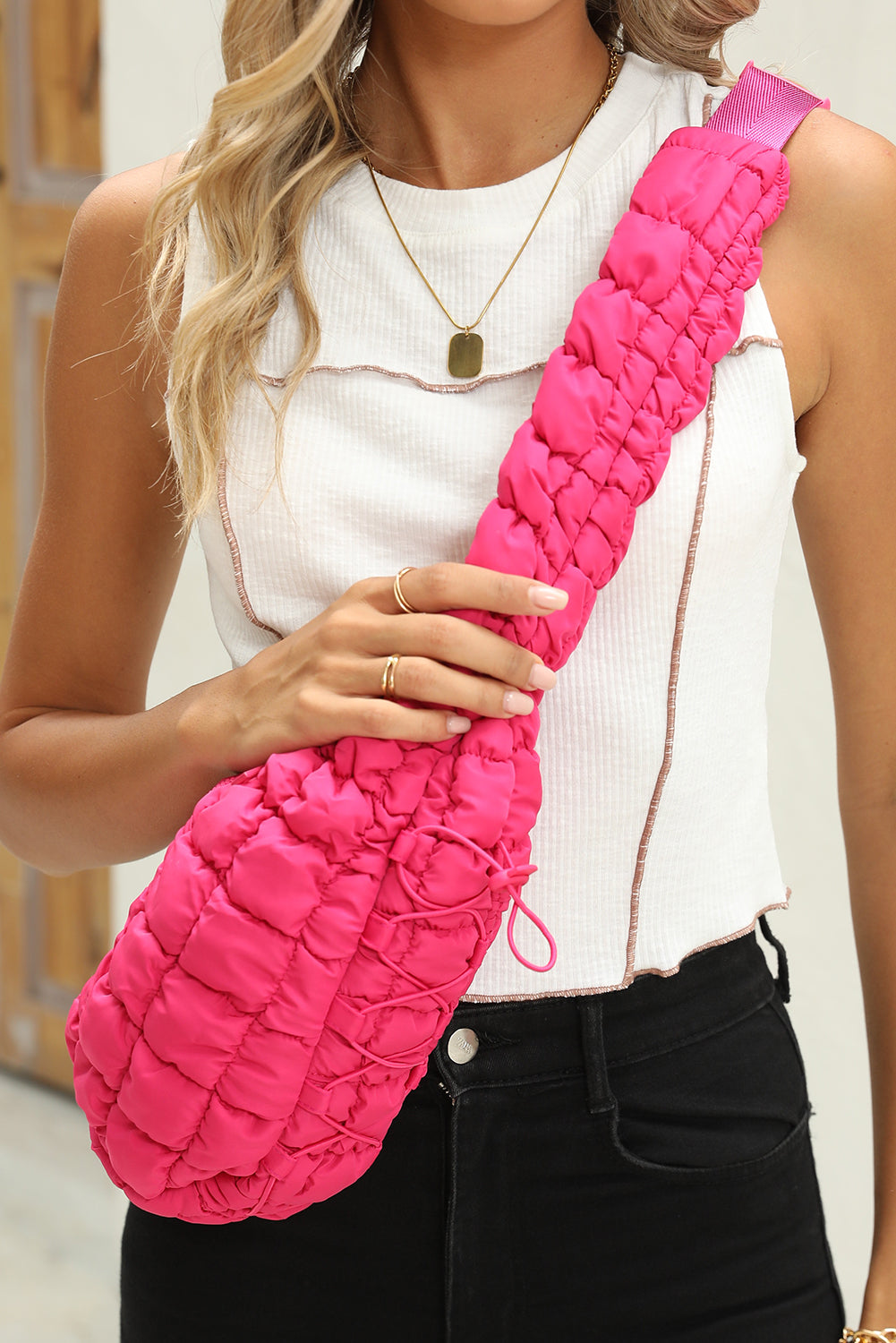 Bright Pink Marshmallow Quilted Drawstring Decor Sling Bag
