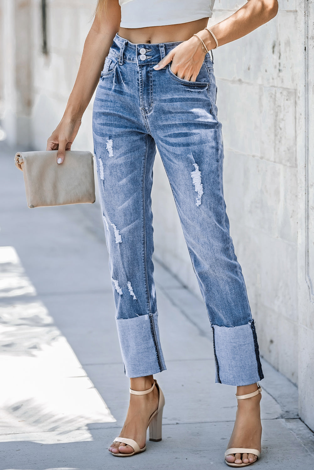 Sky Blue High Waist Distressed Straight Leg Jeans