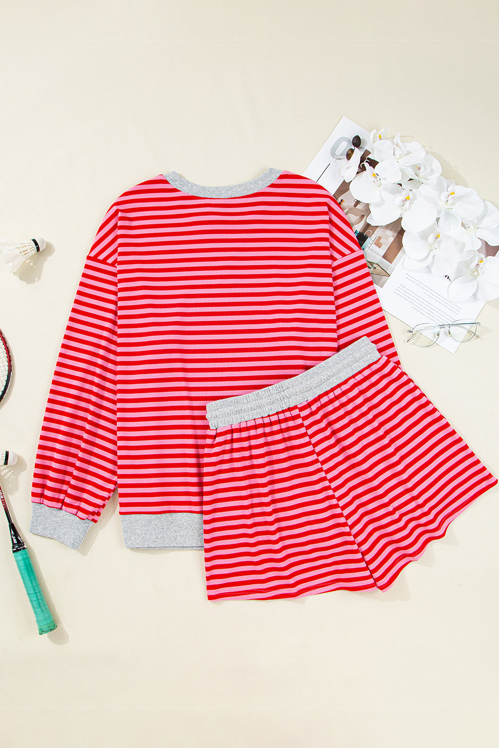 Red Stripe Drop Shoulder Baggy Pullover and Shorts Casual Set