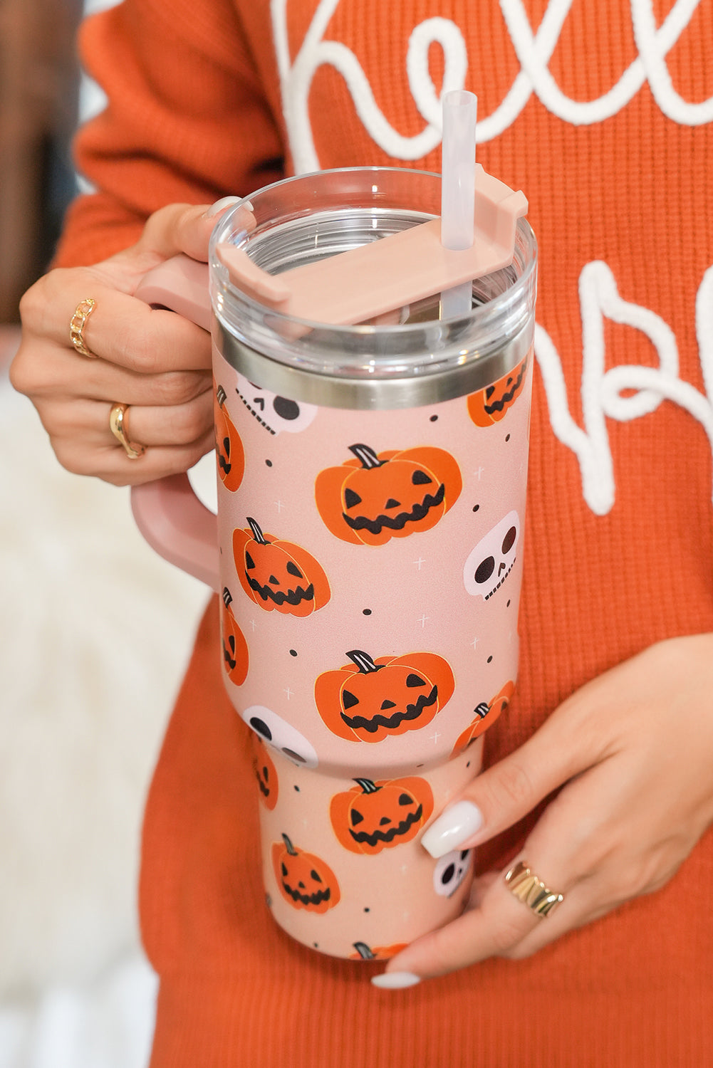 Orange Halloween Pumpkin Skull Print Handle Straw Tumbler 40oz