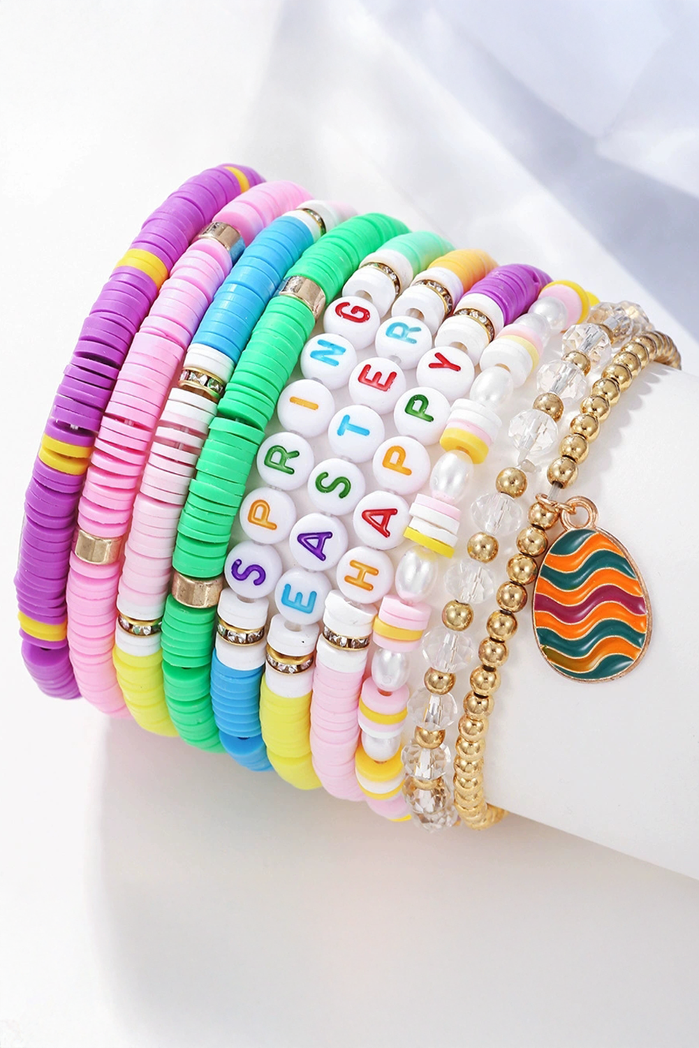 Gold Happy Easter Polymer Clay Beaded Bracelet