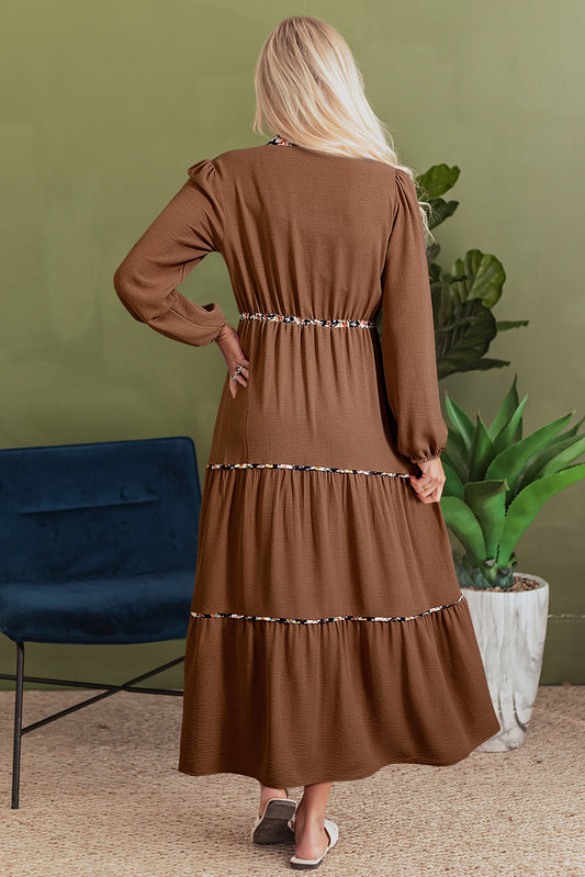 Chestnut Floral Patchwork Detail Notched Neck Long Sleeve Maxi Dress