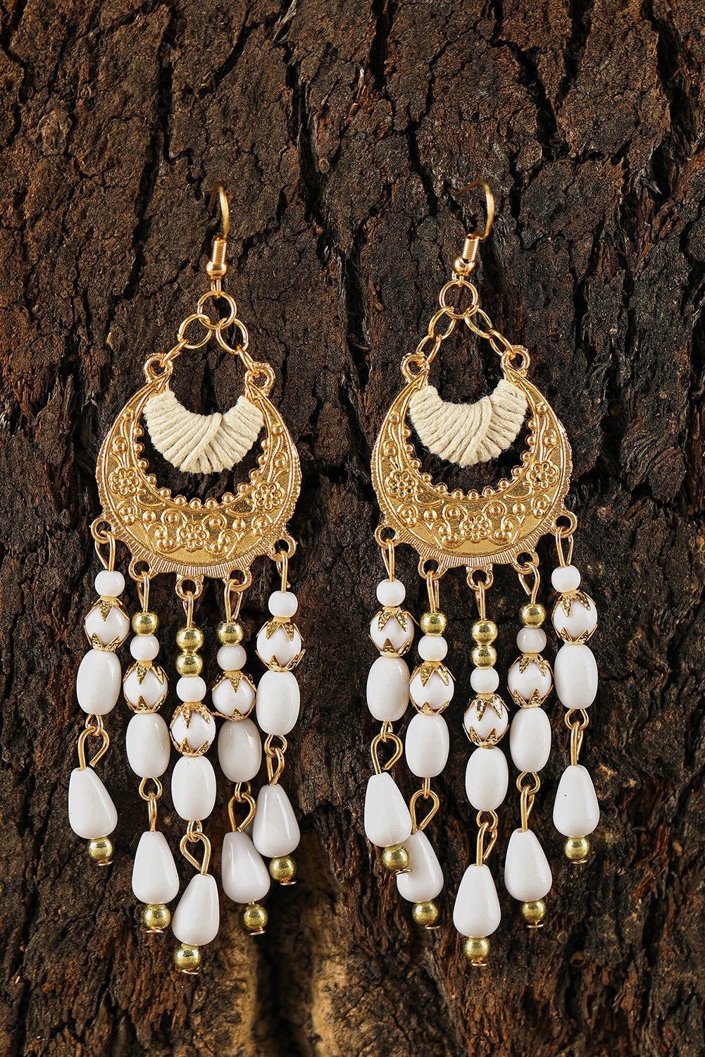 White Boho Beaded Tassel Alloy Charm Earrings