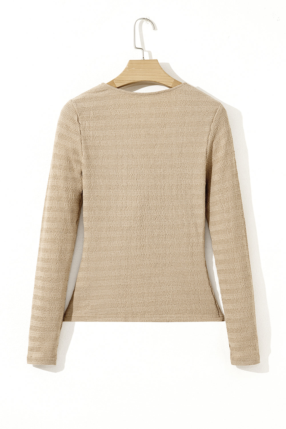 Pale Khaki Textured Twist Front V Neck Long Sleeve Slim Solid Color Top
