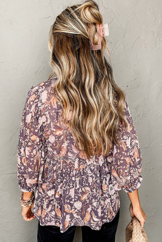 Blue Boho Flower Print 3/4 Sleeve Babydoll Blouse