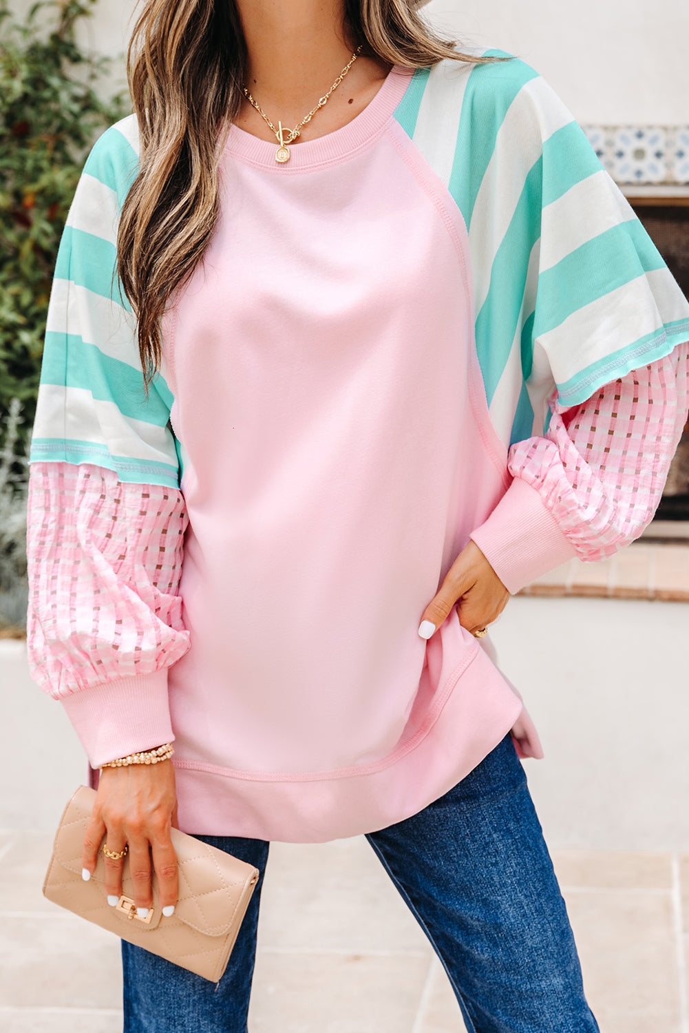 Bonbon Striped Colorblock Patchwork Raglan Pullover Top with Slits