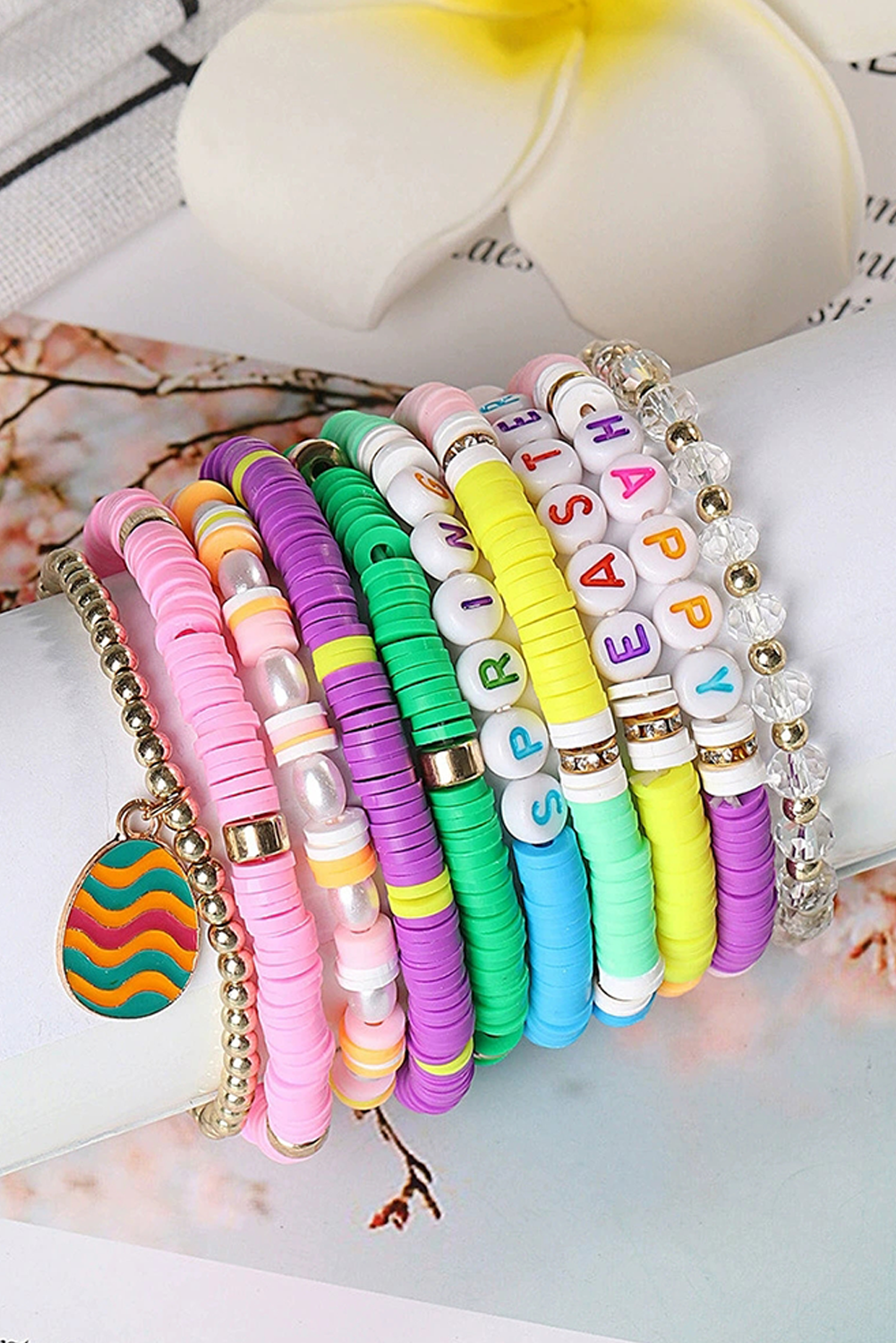 Gold Happy Easter Polymer Clay Beaded Bracelet