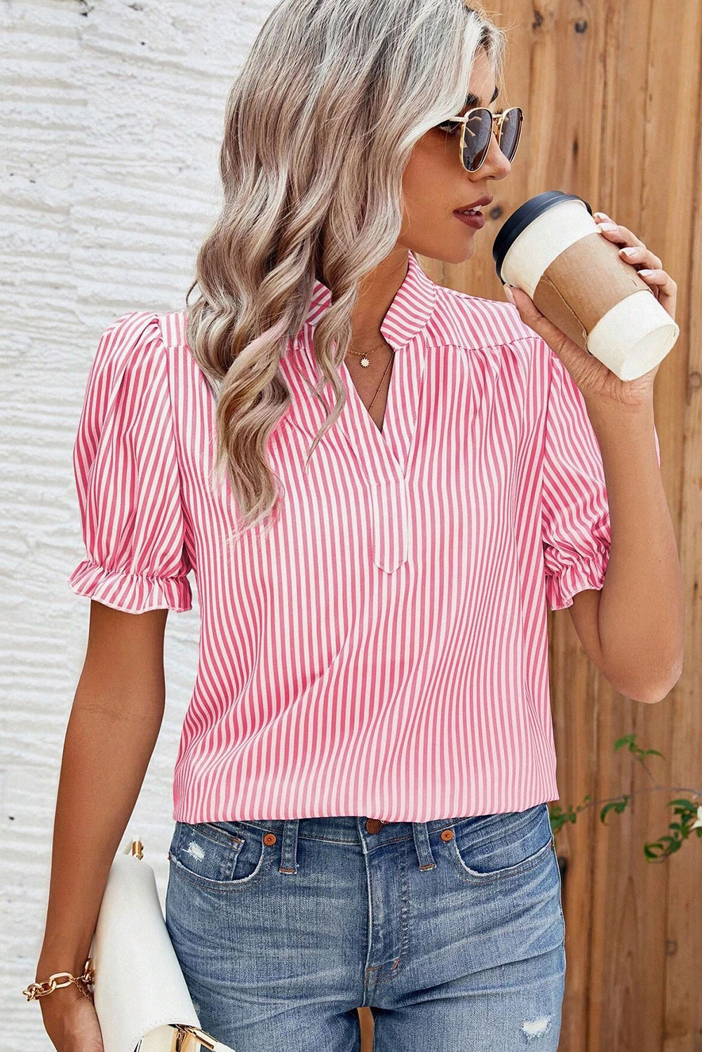 Pink Stripe Notched Neck Frilled Short Puff Sleeve Blouse