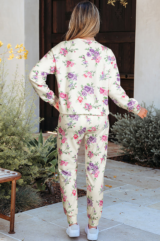 Apricot Floral Print Pullover Drawstring Lounge Pants Set