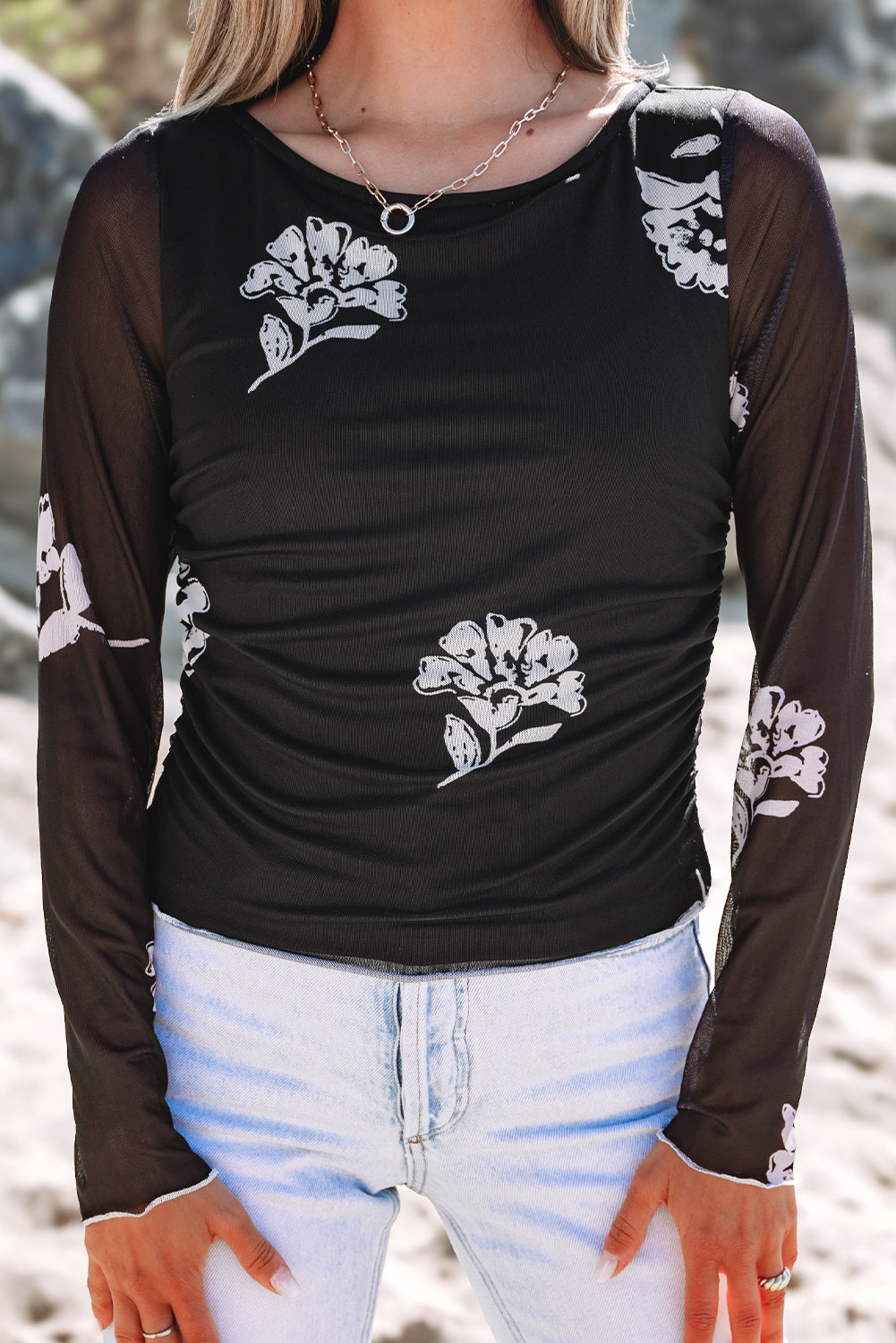 Black Floral Print Sleek Bodice Mesh Long Sleeve Top