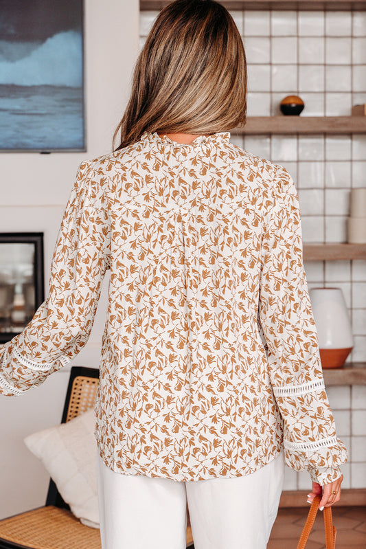 Khaki Printed Lace Detail Floral Puff Sleeve Fall Shirt