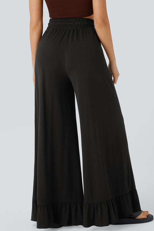 Black Ruffled Wide Leg Pull On High Waist Pants with Pockets