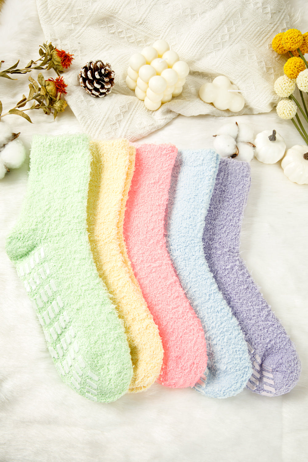 Pink 5 Pairs Anti Slip Plush Socks Different Color Each
