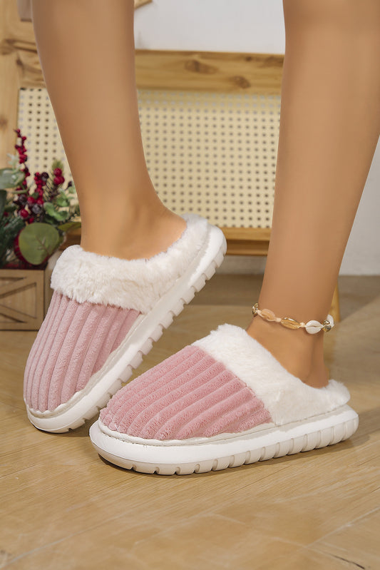 Pink Ribbed Plush Color Block Winter Slippers