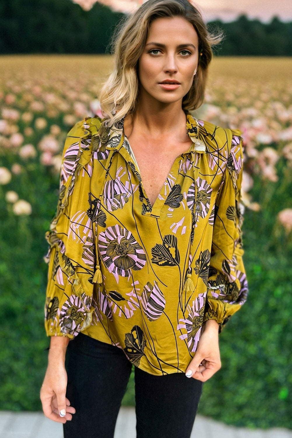 Yellow Vintage Floral V Neck Ruffle Trim Long Sleeve Blouse