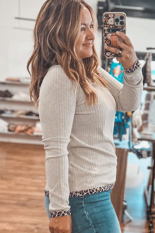 Parchment Ribbed Contrast Leopard Edge Round Neck Plus Knit Top