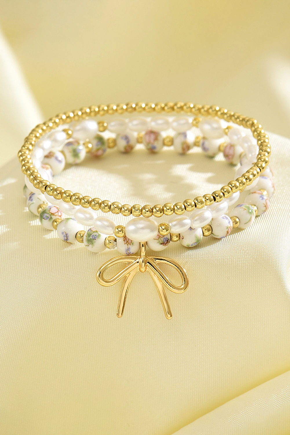 Gold Bow Knot Charm Beaded Triple Layer Bracelet Set