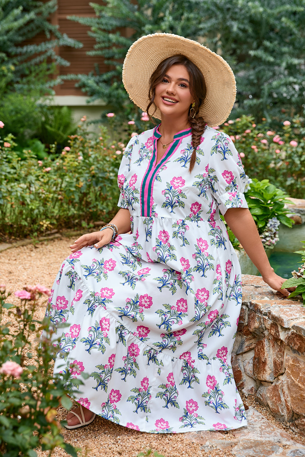 White Allover Print Contrast Split Neckline Short Puff Sleeve Curvy Dress