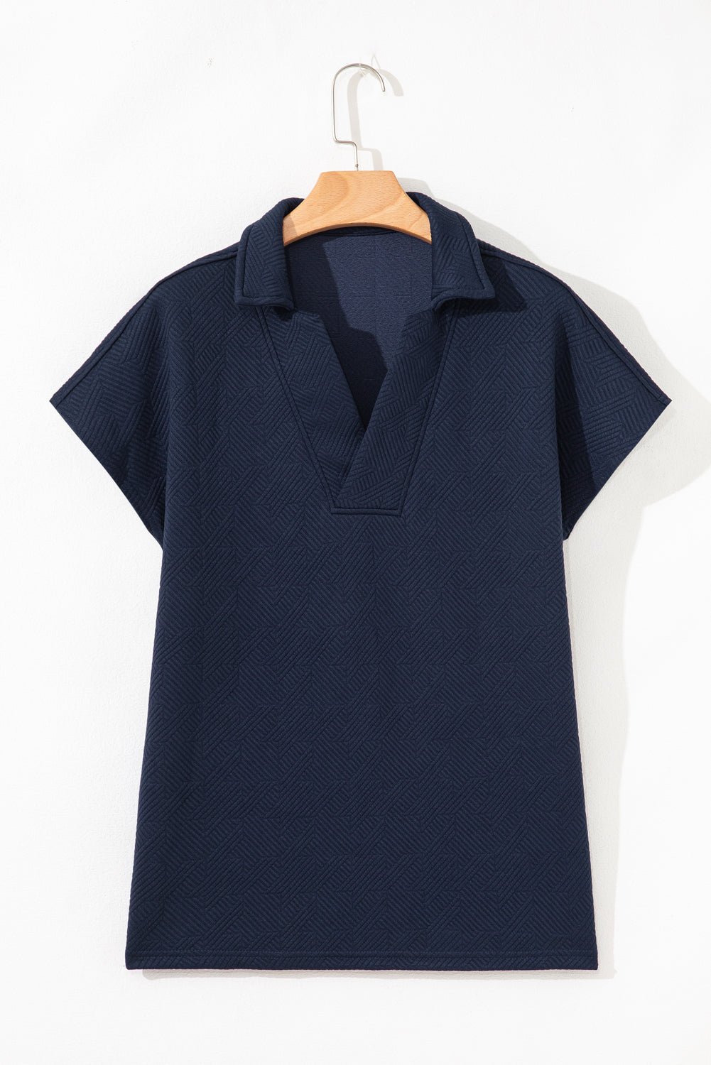 Navy Blue Textured V Neck Collared Short Sleeve Top