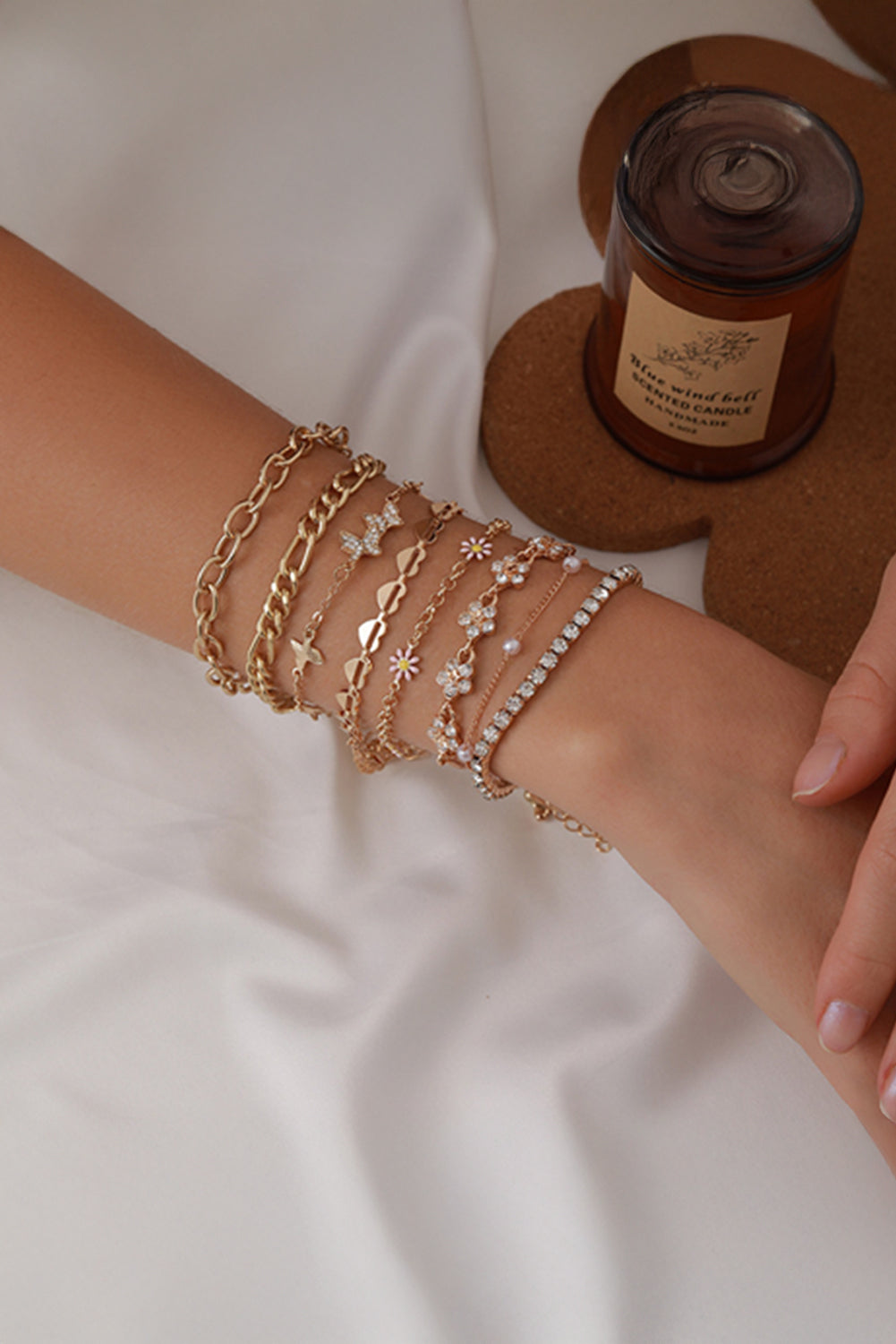 Gold Rhinestone Decor Butterfly Flower Multi Layer Bracelet Set