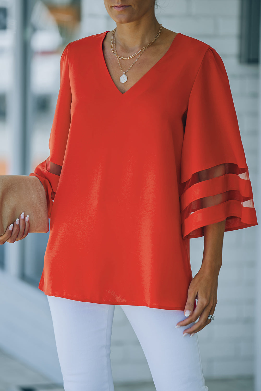 Fiery Red Flare Sleeve V Neck Loose Blouse