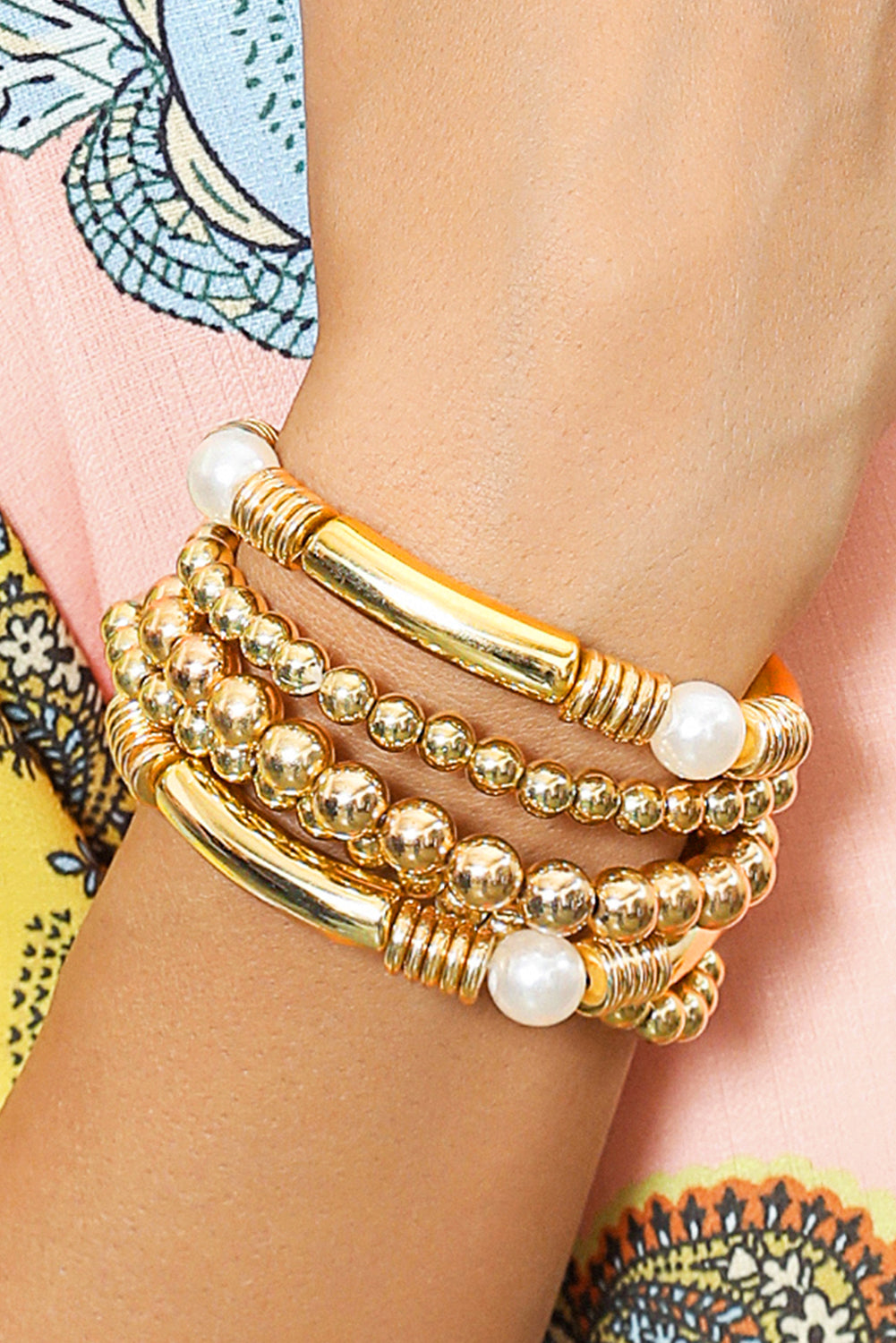 Gold 5pcs Pearl Plated Beaded Bracelet Set