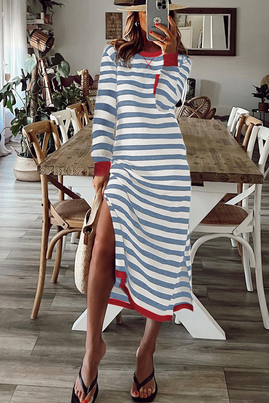 Sky Blue Stripe Striped Print Contrast Edge Long Sleeve Midi Dress with Side Splits