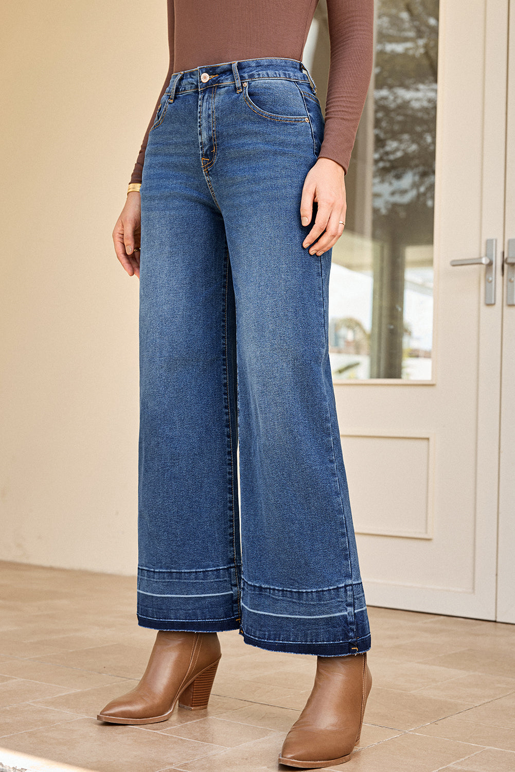 Navy Blue Raw Hem Straight Leg Loose High Waist Jeans