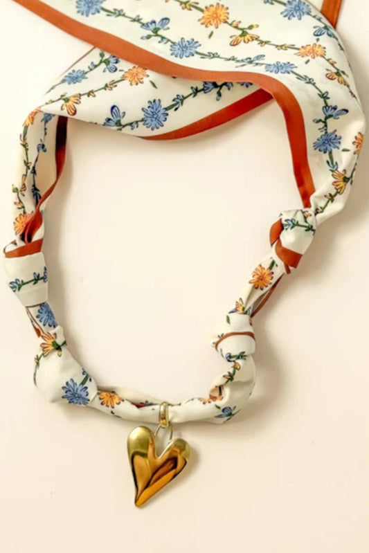 White Floral Print Scarf Knotted Gold Heart Charm Necklace