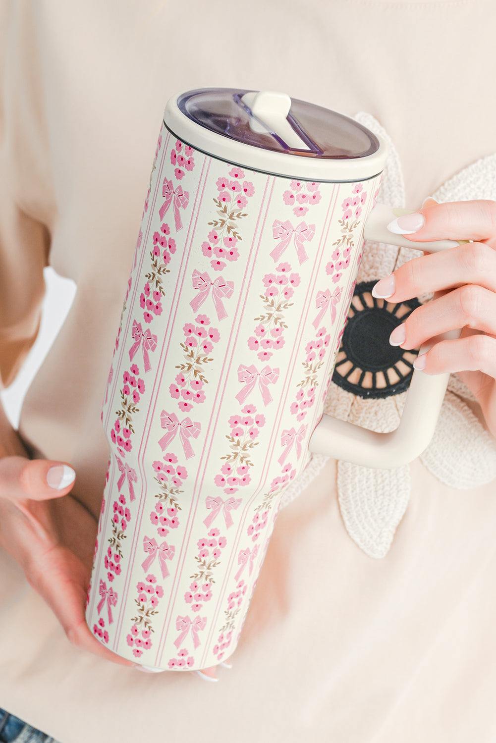 White Sweet Bow Flower Print Straw Insert Tumbler Cup 40oz