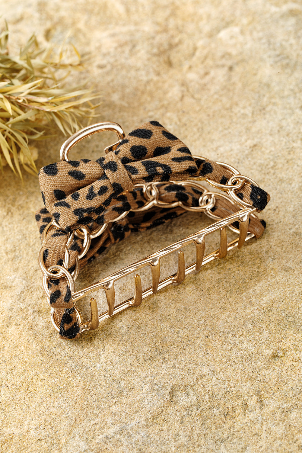 Camel Leopard Print Bow Decor Alloy Hair Claw Clip