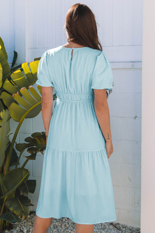 Light Blue Puff Sleeve Pleated High Waist Flowy Midi Dress
