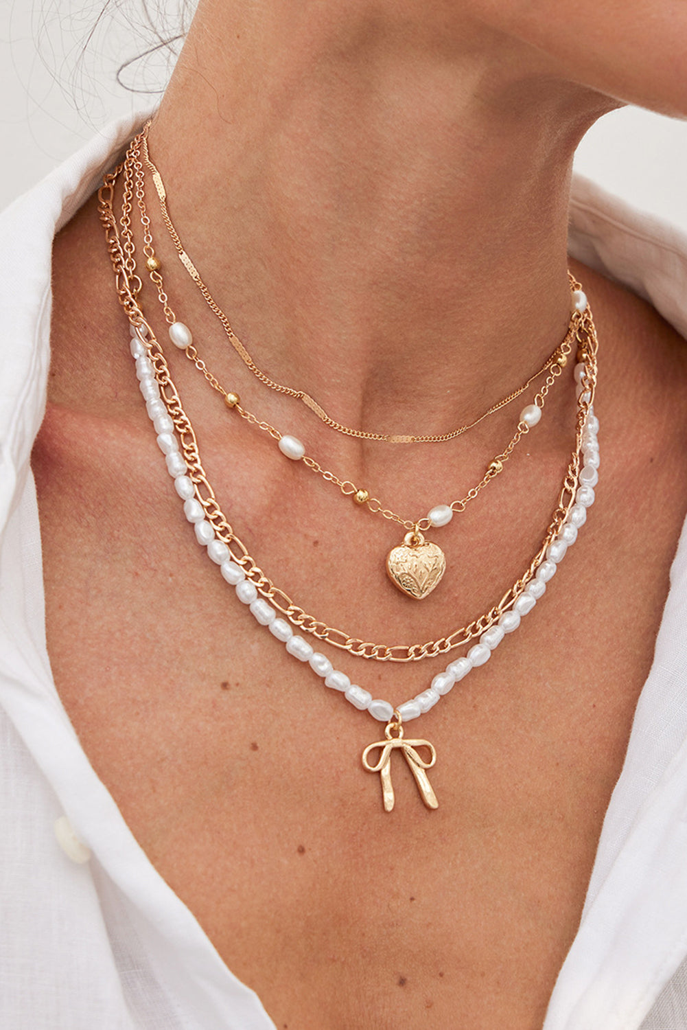 Gold Bow Heart Pendant Pearl Chaining Plated Necklace