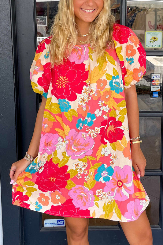 Pink Floral Print Bubble Short Sleeve Dress