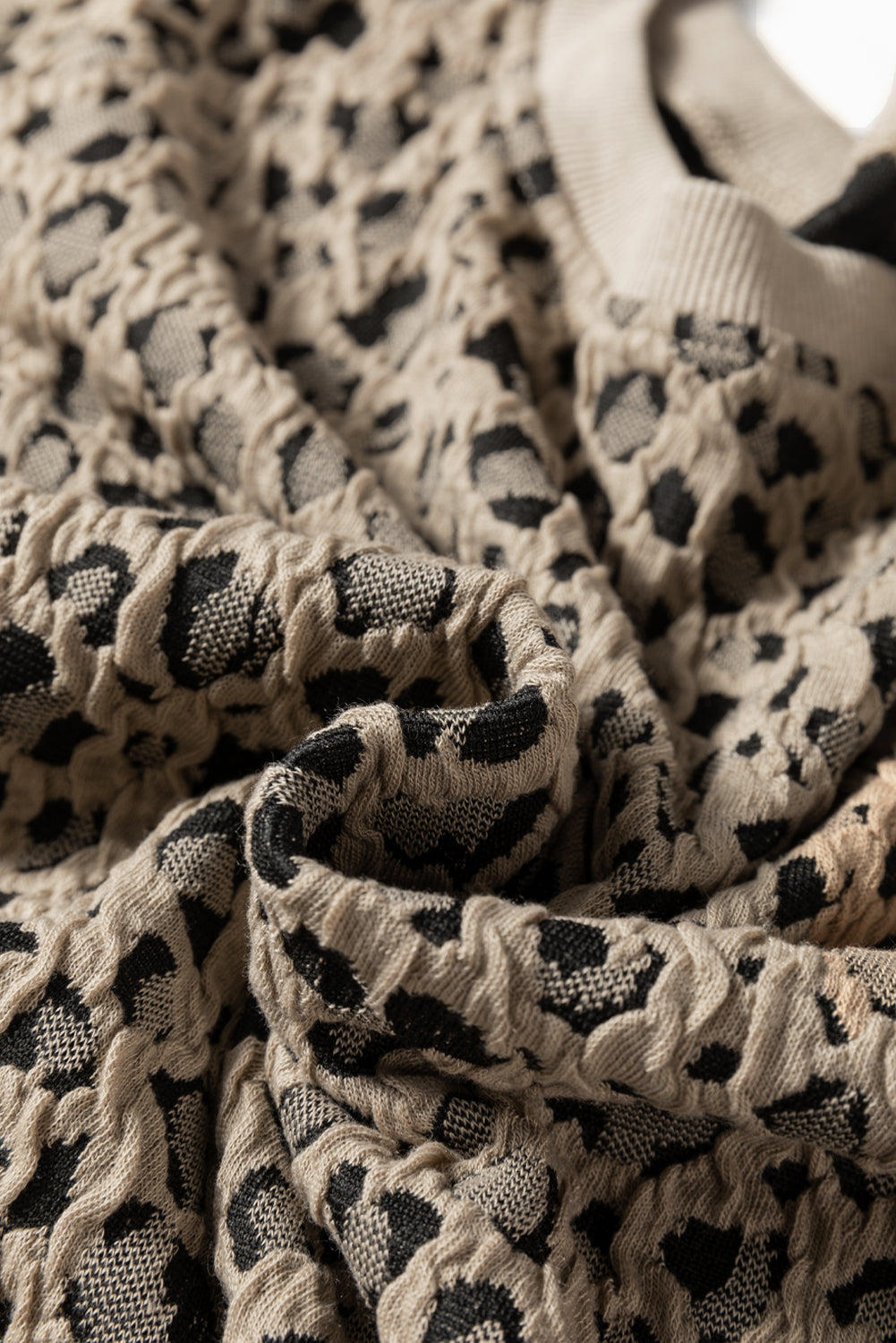 Khaki Ribbed Trim Leopard Print Long Sleeve Top