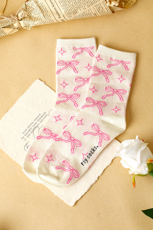 Pink Sweet Bowknot Print Mid Calf Socks