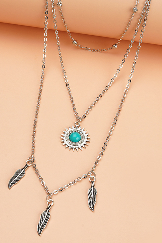 Silvery Boho Turquoise Sun Leaves Multi Layered Necklace