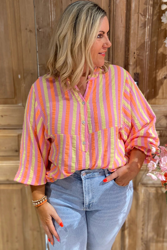Pink Stripe Crinkled Half Buttons V Neck Plus Size Blouse