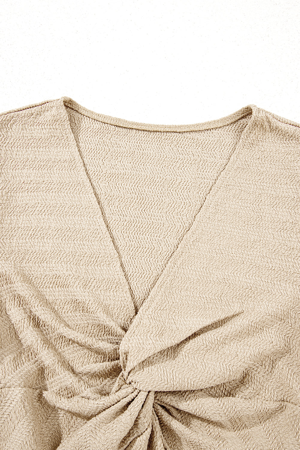 Pale Khaki Textured Twist Front V Neck Long Sleeve Slim Solid Color Top