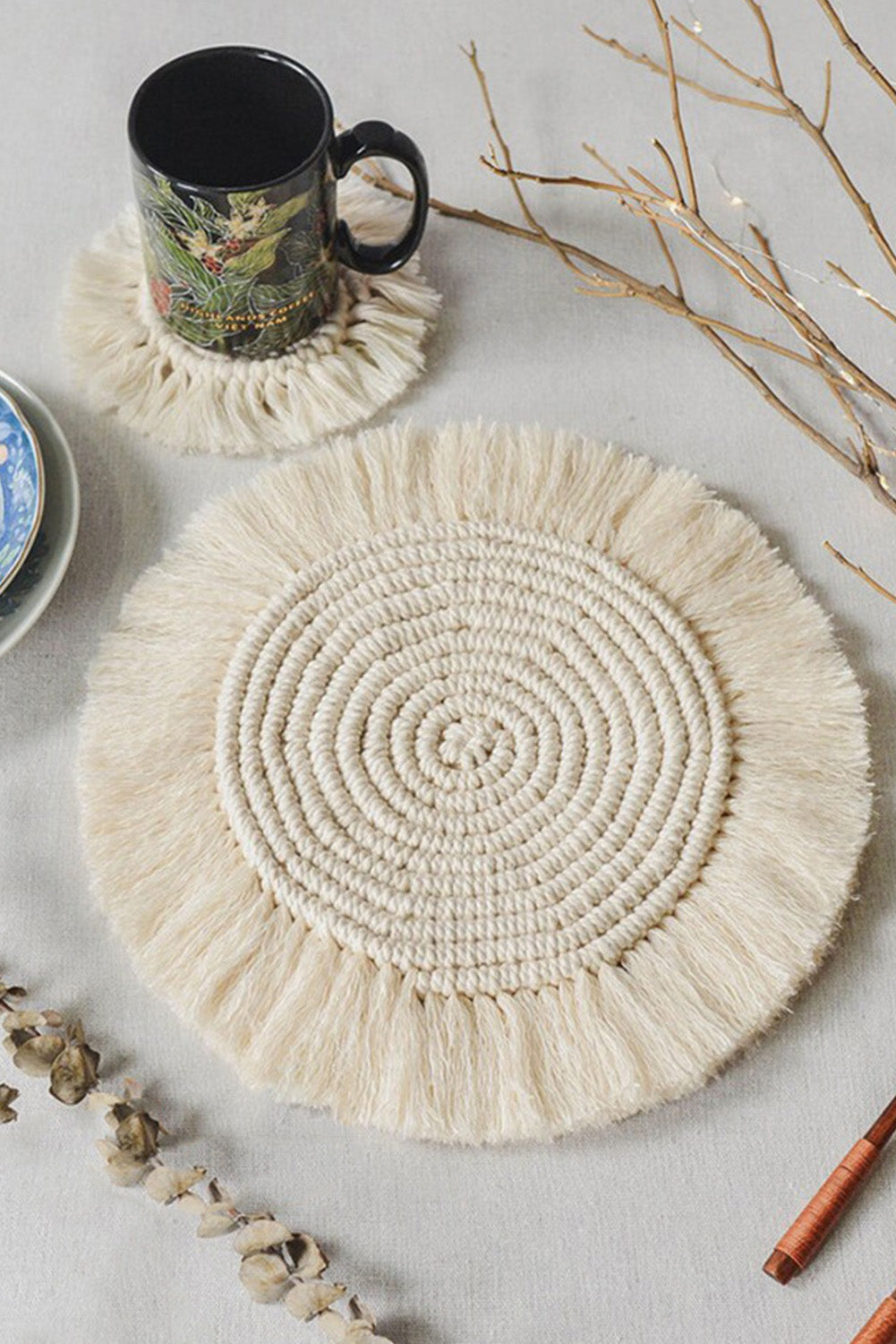 Beige Boho Tassel Macrame Coaster 15cm