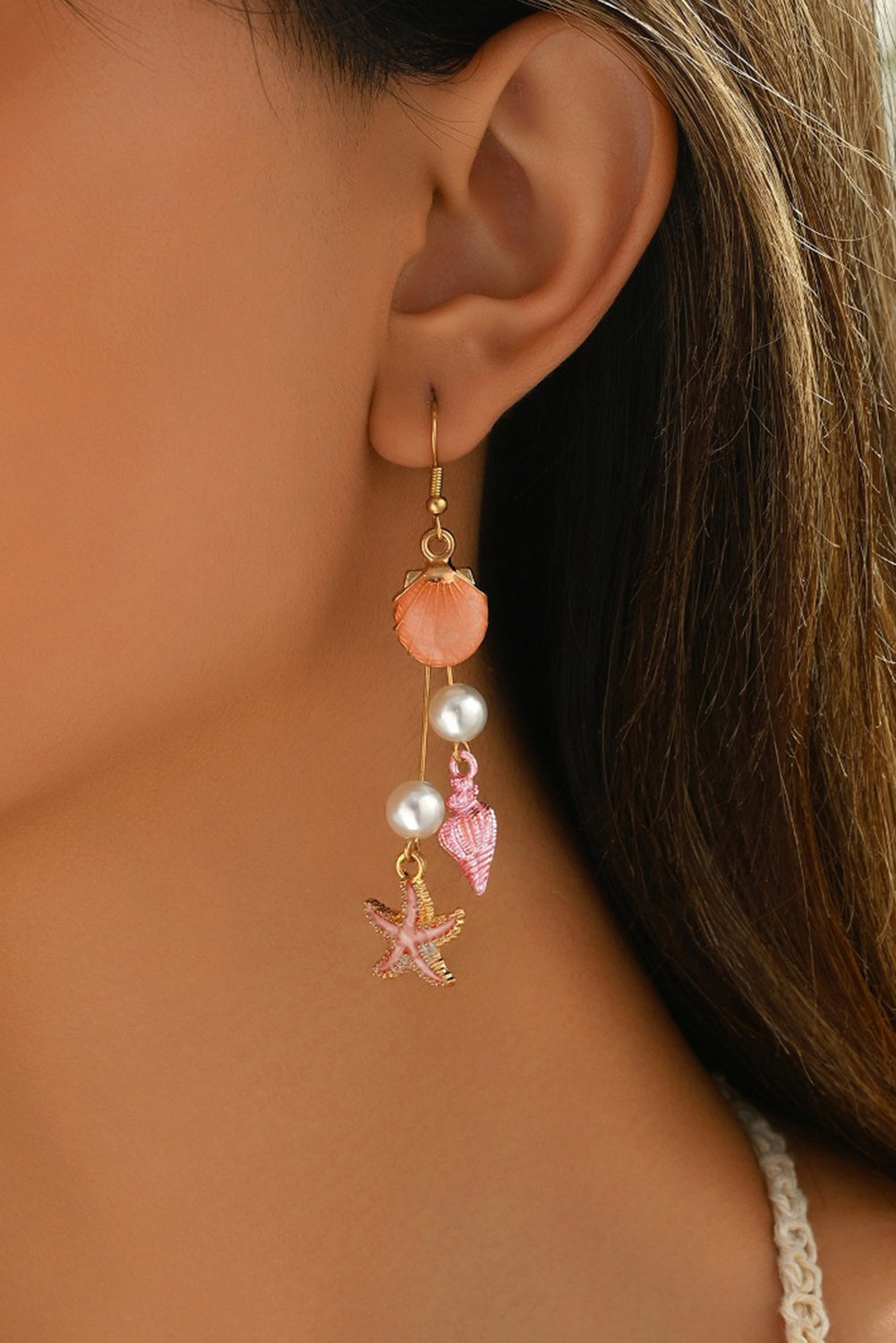 Bonbon Starfish Conch Shell Pearl Dangle Earrings