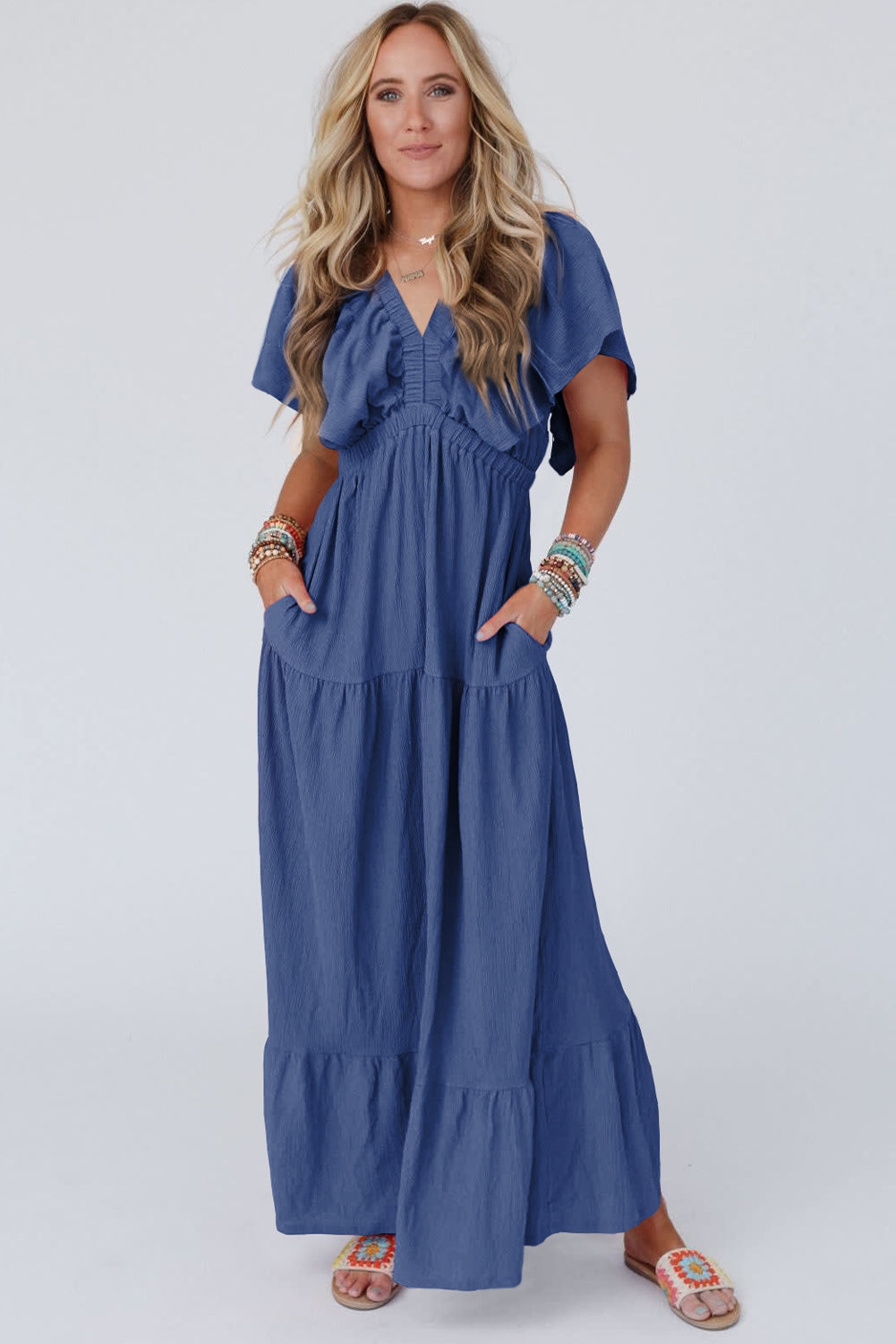Navy Blue Textured V Neck Flutter Sleeve Ruffled Maxi Dress